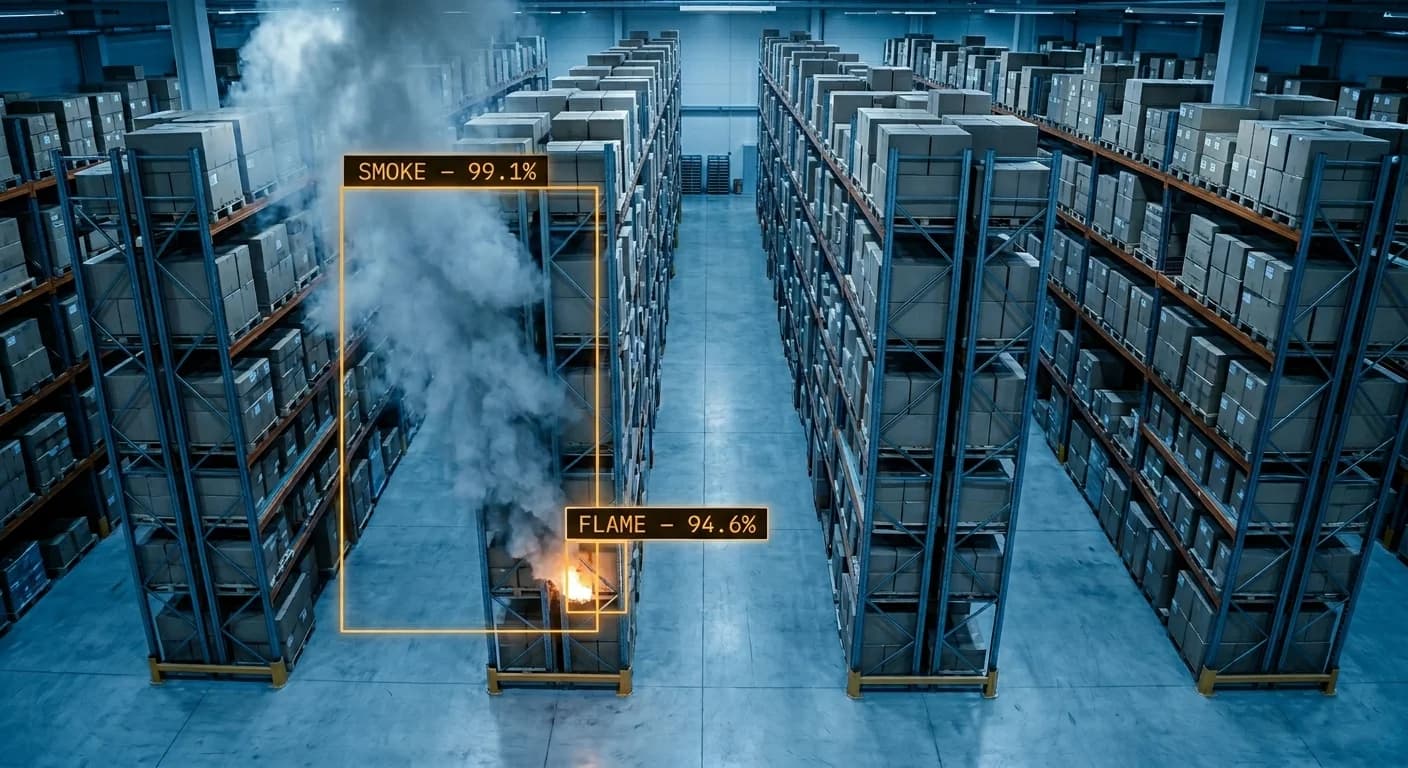 Fire and smoke detected between warehouse racks