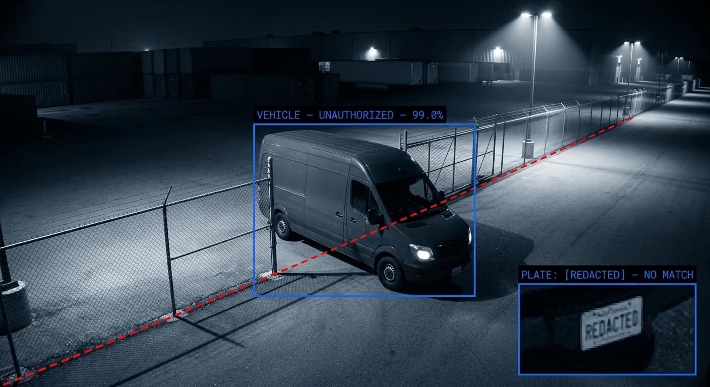 An unauthorized vehicle flagged at a perimeter fence at night