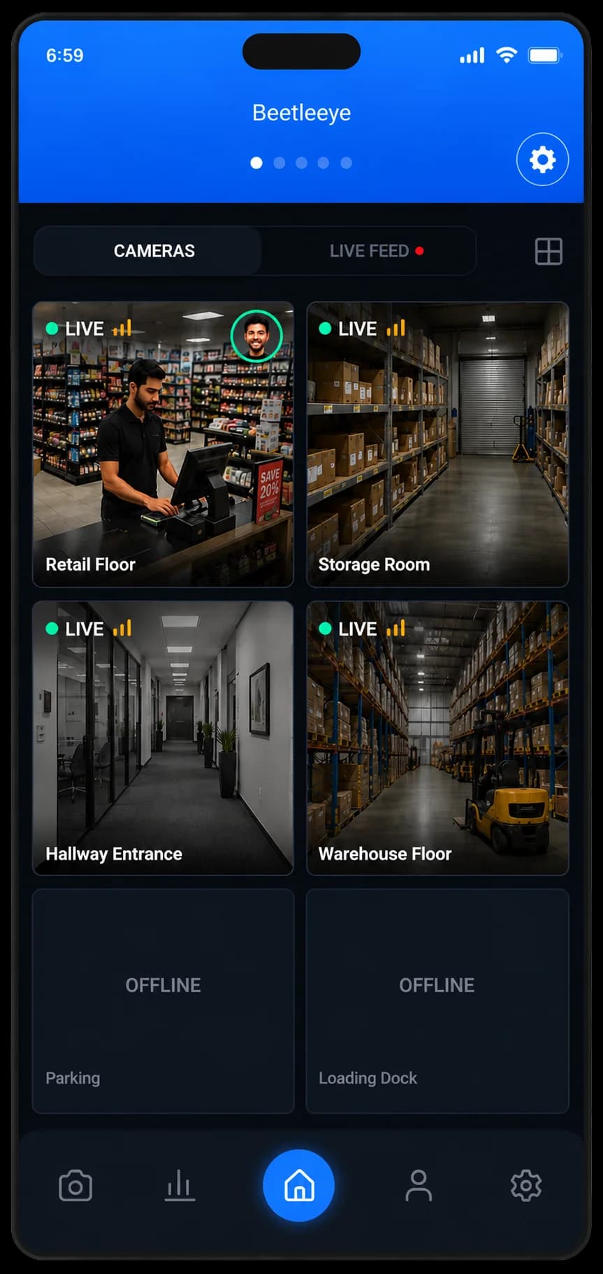 The Beetleye mobile app with live camera feeds