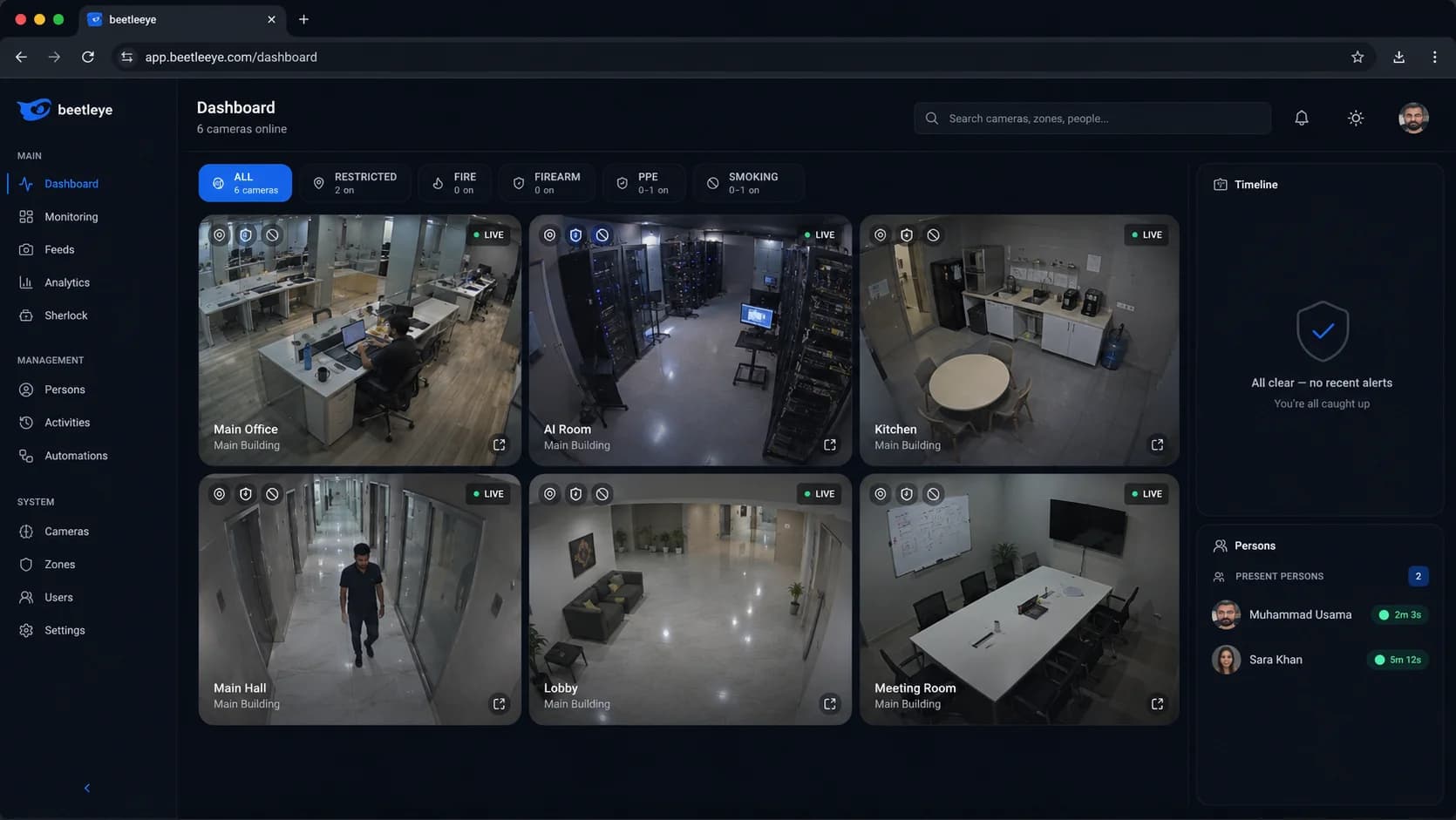 The Beetleye web portal showing live camera feeds