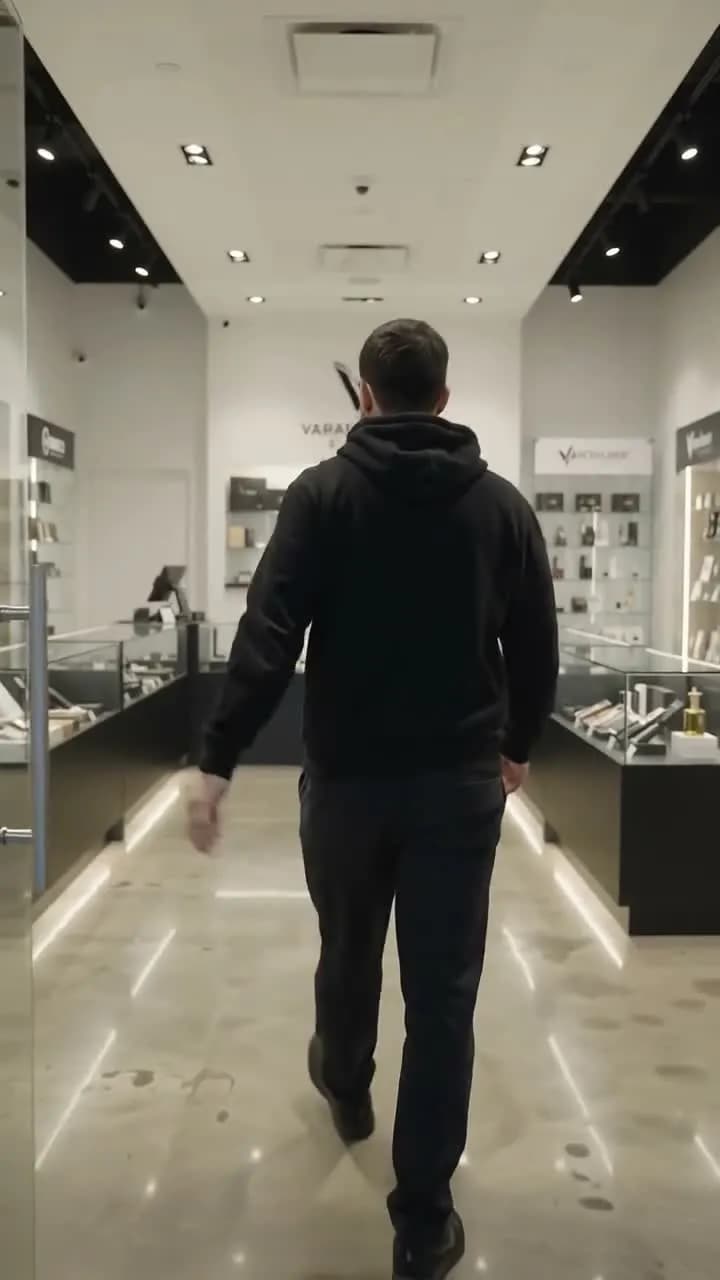 A shopper walking through a store, followed by the cameras