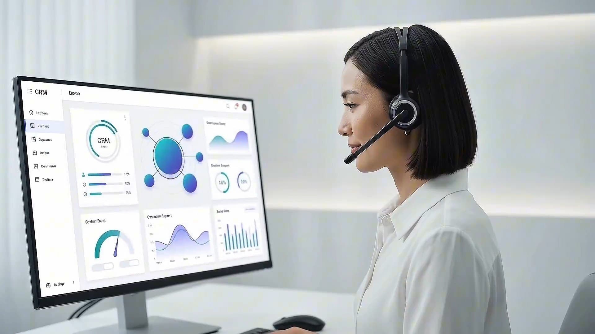 A helpdesk agent with a headset at her desk