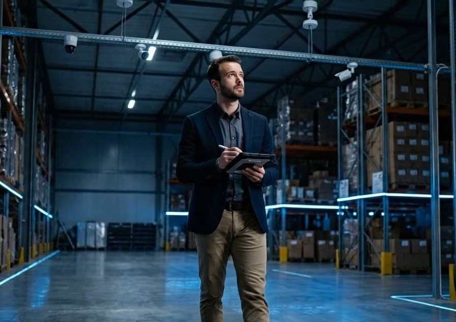 A support engineer with a tablet on a warehouse floor