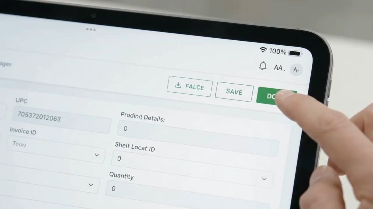 A hand confirming an update on a tablet
