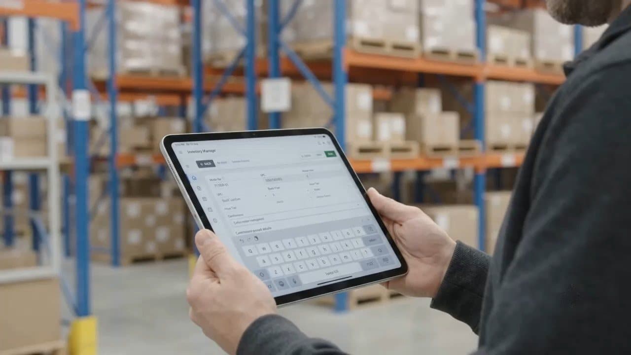 A worker updating stock on a tablet in a warehouse