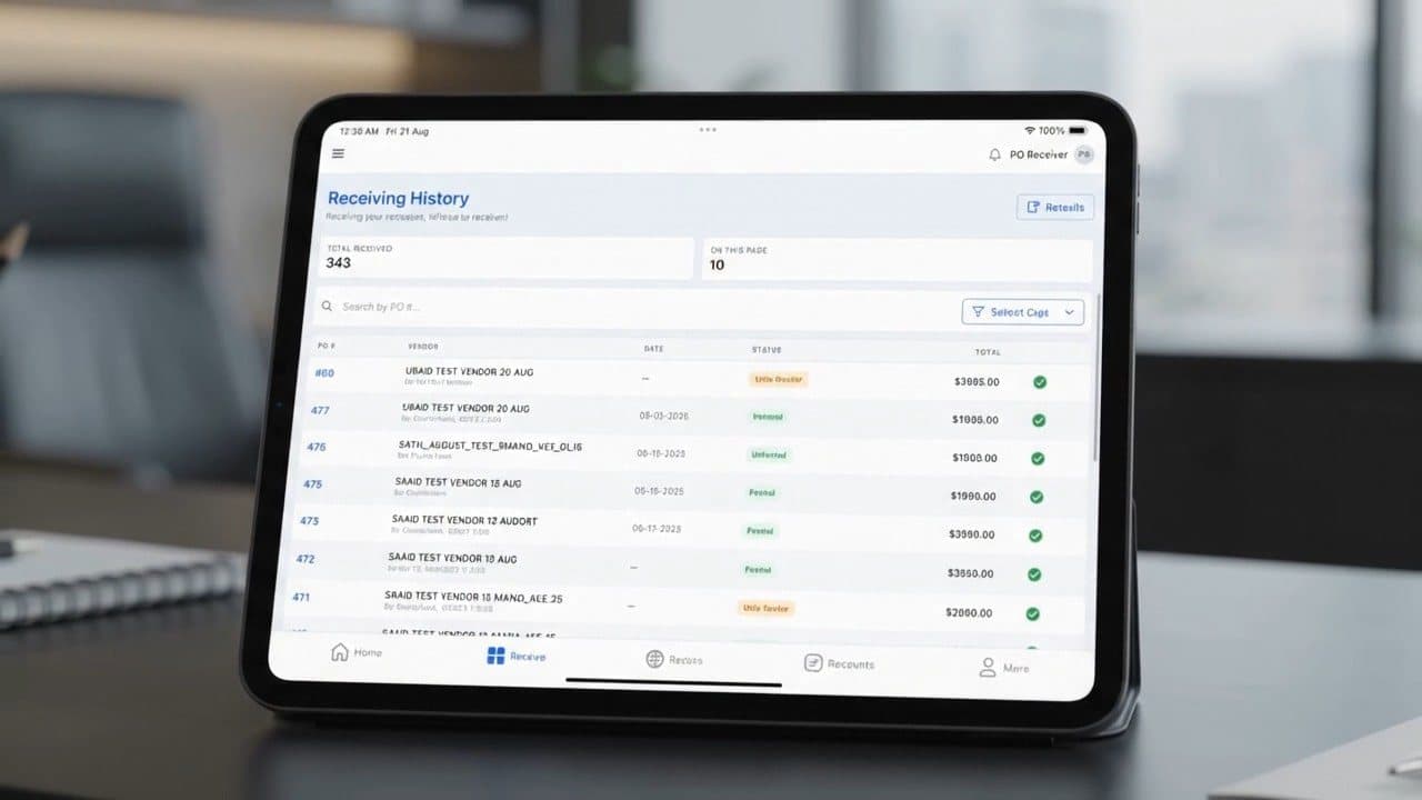A tablet listing tidy, consistent receiving records